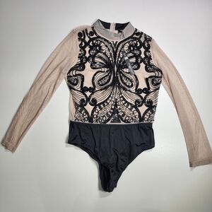 Festival Butterfly Sequin Mesh Bodysuit - Nude & Black - Plus Size 2XL - NWT